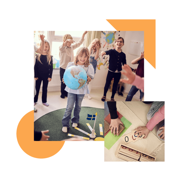 Skolelever på Montessori Mondial står i klassrum med jordglob.