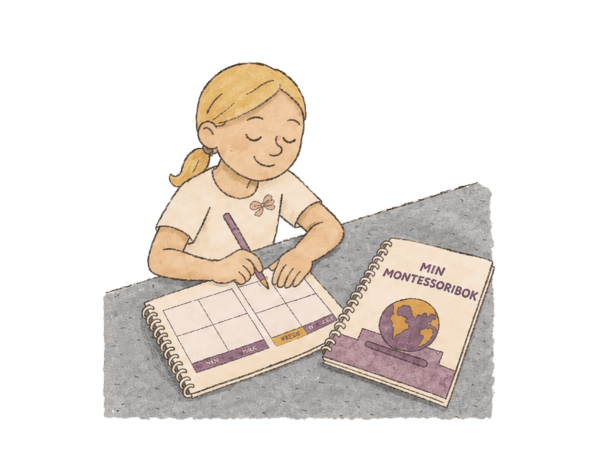 Illustrerad elev skriver i planeringsbok på Montessori Mondial.