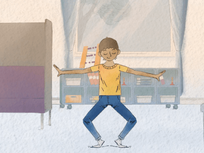 Illustrerad pojke som gör rörelsepaus på lektionen på Montessori Mondial.